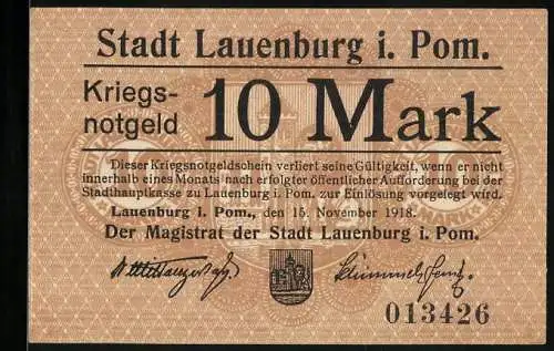 Notgeld Lauenburg i. Pom. 1918, 10 Mark, Kontroll-Nr. 013426