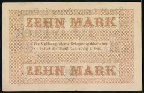 Notgeld Lauenburg i. Pom. 1918, 10 Mark, Kontroll-Nr. 013426