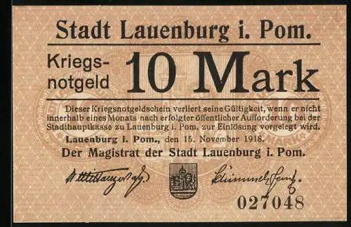 Notgeld Lauenburg i. Pom. 1918, 10 Mark, Kontroll-Nr. 027048