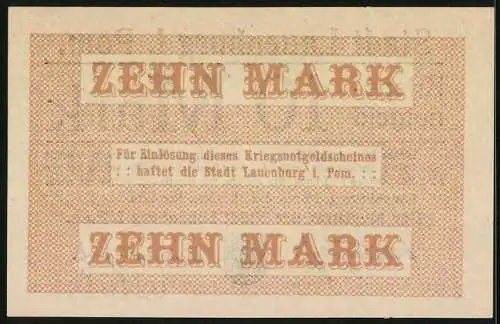 Notgeld Lauenburg i. Pom. 1918, 10 Mark, Kontroll-Nr. 027048