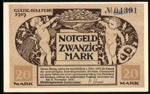 Notgeld Lauterecken 1918, 20 Mark, Wappen und Eisenbahn