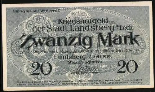 Notgeld Landsberg a. Lech 1919, 20 Mark, Kontroll-Nr. 2193