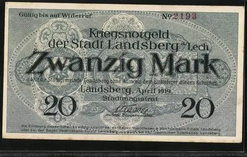 Notgeld Landsberg a. Lech 1919, 20 Mark, Kontroll-Nr. 2193