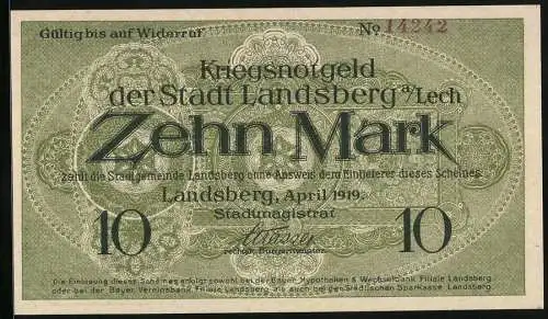 Notgeld Landsberg a. Lech 1919, 10 Mark, Kontroll-Nr. 14242