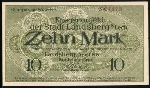 Notgeld Landsberg a. Lech 1919, 10 Mark, Kontroll-Nr. 14475