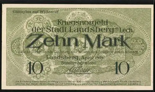 Notgeld Landsberg a. Lech 1919, 10 Mark, Kontroll-Nr. 14475