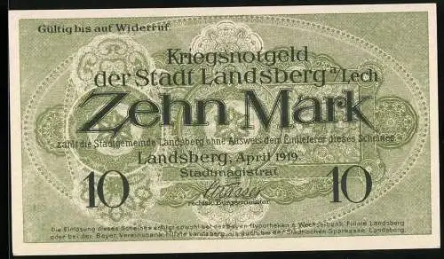 Notgeld Landsberg a. Lech 1919, 10 Mark, Kontroll-Nr. 14645
