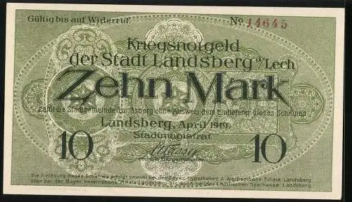 Notgeld Landsberg a. Lech 1919, 10 Mark, Kontroll-Nr. 14645