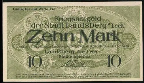 Notgeld Landsberg a. Lech 1919, 10 Mark, Kontroll-Nr. 10502
