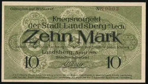 Notgeld Landsberg a. Lech 1919, 10 Mark, Kontroll-Nr. 10502