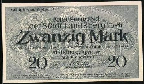 Notgeld Landsberg a. Lech 1919, 20 Mark, Kontroll-Nr. 6488