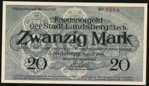 Notgeld Landsberg a. Lech 1919, 20 Mark, Kontroll-Nr. 6488