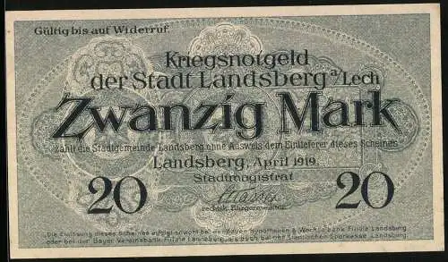 Notgeld Landsberg a. Lech 1919, 20 Mark, Kontroll-Nr. 7668