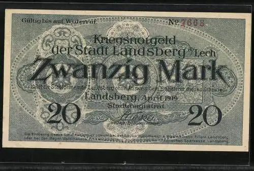 Notgeld Landsberg a. Lech 1919, 20 Mark, Kontroll-Nr. 7668