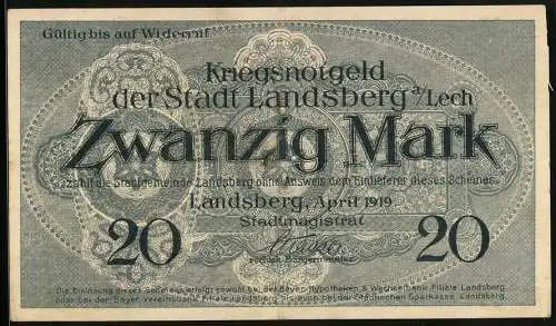 Notgeld Landsberg a. Lech 1919, 20 Mark, Kontroll-Nr. 4266
