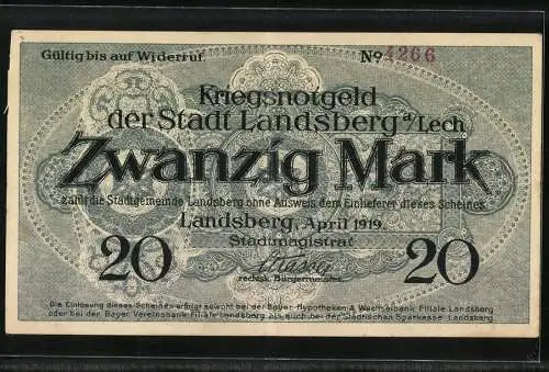 Notgeld Landsberg a. Lech 1919, 20 Mark, Kontroll-Nr. 4266