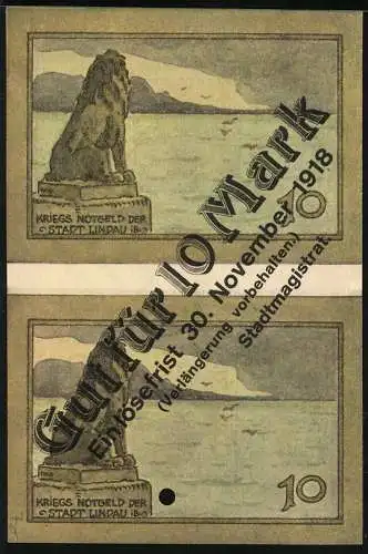 Notgeld Lindau i. B., 10 Mark, Löwenstatue am Wasser