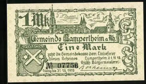 Notgeld Lampertheim a. Rh. 1918, 1 Mark, Kloster- und Pfarrkirche
