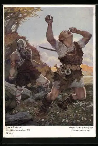 Künstler-AK sign. Hans Toepper: Der Nibelungenring XI., Hagen erschlägt Siegfried, Götterdämmerung
