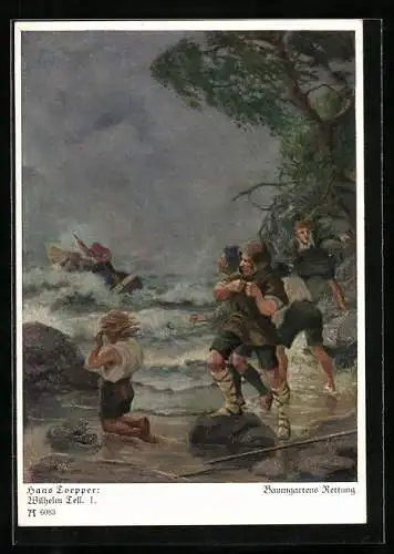 Künstler-AK Hans Loepper: Baumgartens Rettung, Wilhelm Tell, Leute stehen im Sturm am Ufer und schauen zum Boot