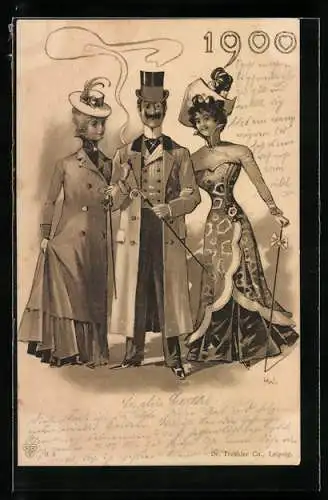 AK Mode für den Herren und die Damen um 1900