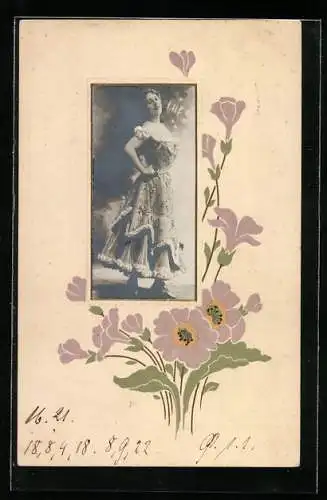 Foto-Collage-AK Dame im taillierten Kleid, von Blumen gerahmt