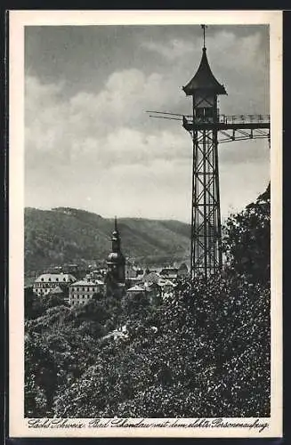 AK Bad Schandau /Sa., Ortsansicht mit elektr. Personenaufzug