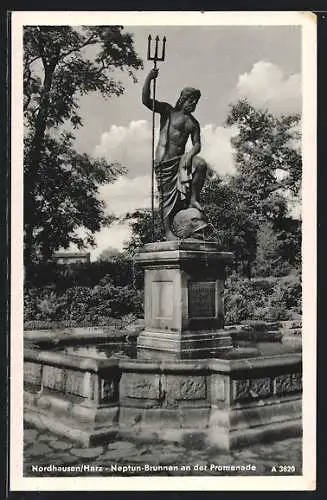 AK Nordhausen /Harz, Neptun-Brunnen an der Promenade