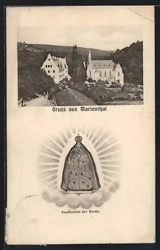 AK Marienthal / Rheingau, Kirche aus der Vogelschau, Gnadenbild