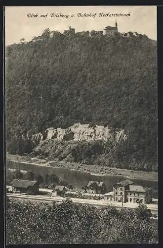 AK Neckarsteinach, Blick auf Dilsberg und Bahnhof