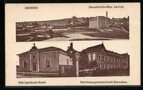 AK Zborów, Dampfmühle, Sokolgebäude, Bezirkshauptmannschaft