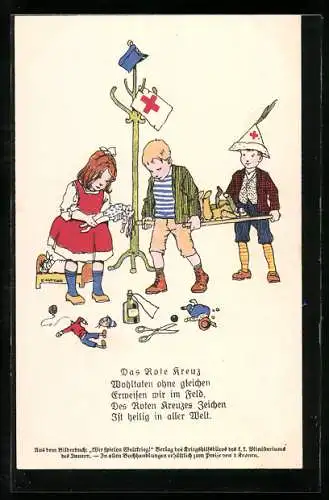 Künstler-AK Ernst Kutzer: Das Rote kreuz, Kinder verarzten die Spielsachen, Kriegsfürsorge, Rotes Kreuz