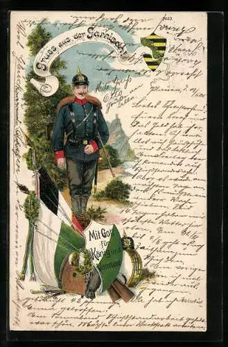 AK Soldat in Uniform mit Pickelhaube, Wappen u. Fahnen