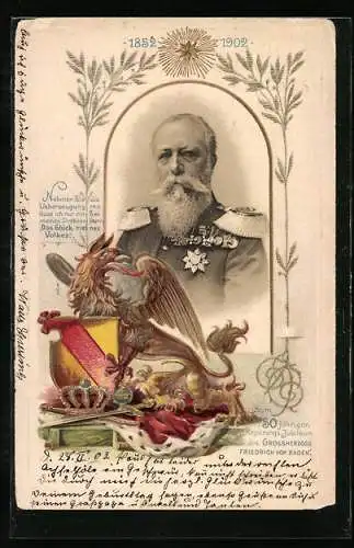 Lithographie Grossherzog Friedrich von Baden, 50jähriges Regierungs-Jubiläum, 1902