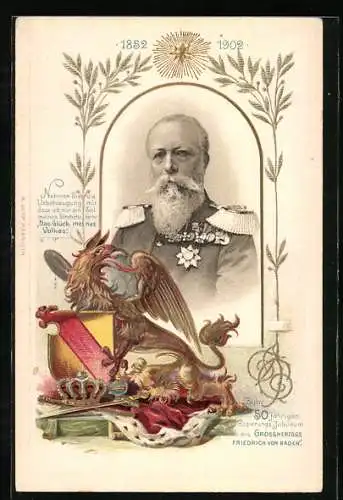Lithographie Grossherzog Friedrich von Baden, 50jähriges Regierungs-Jubiläum, 1902