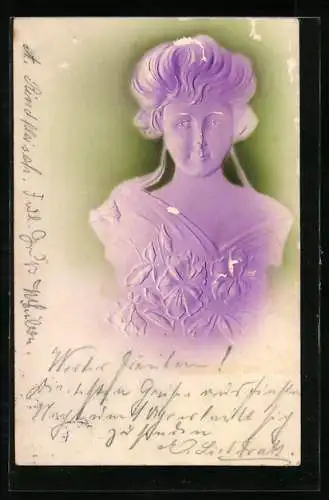 Präge-AK Junge Frau mit Blumen, Jugendstil