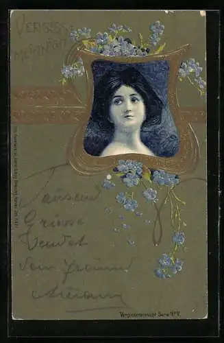 Künstler-AK Frauenkopf umrahmt von Vergissmeinnicht, Jugendstil