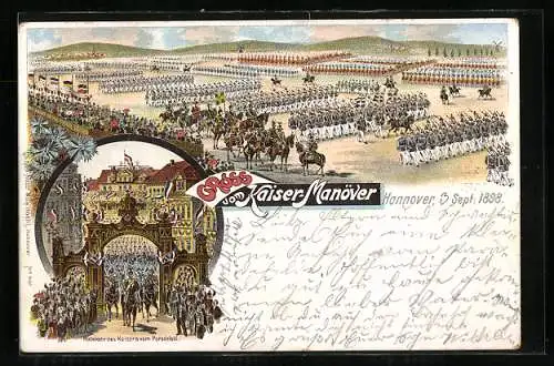 Lithographie Kaisermanöver, Paradeplatz, Rückkehr des Kaiser's