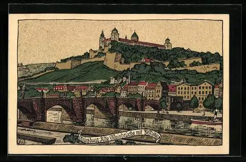 Steindruck-AK Würzburg, Alte Mainbrücke m. Festung