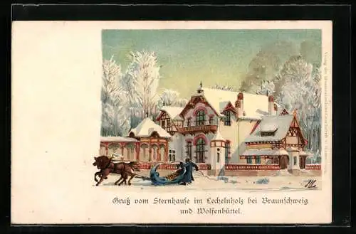 Winter-Lithographie Wolfenbüttel, Restaurant Sternhaus im Lechelnholz