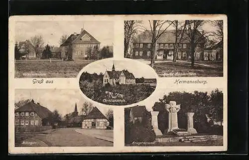 AK Hermannsburg, Volkshochschule, Billingstrasse, Kriegerdenkmal, Christianschule