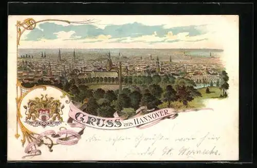 Lithographie Hannover, Totalansicht aus der Vogelschau, Wappen