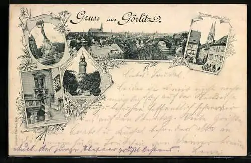 AK Görlitz, Untermarkt mit Peterskirche, Reichenbacher Thurm, Kunstbrunnen