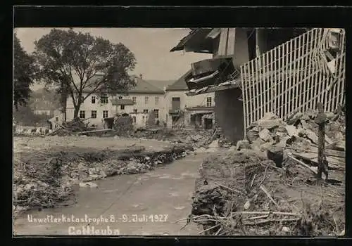 AK Gottleuba, Unwetterkatastrophe im Juli 1927, zerstörte Häuser