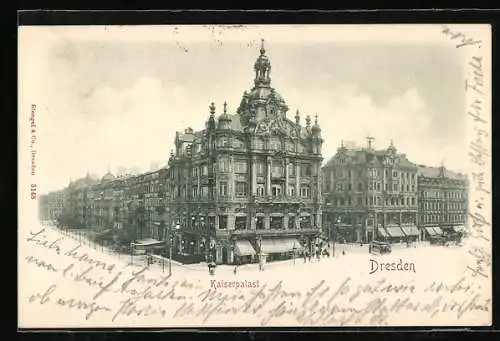 AK Dresden, Kaiserpalast mit Geschäften und Strassenbahn
