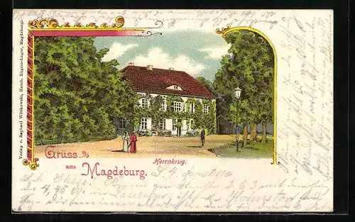 Lithographie Magdeburg, Gasthaus Herrenkrug, Spaziergänger