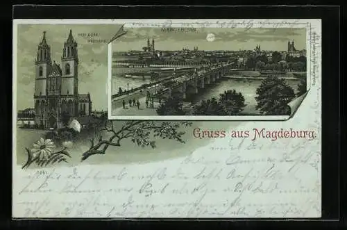 Mondschein-Lithographie Magdeburg, Dom von der Westseite, Stadtansicht mit Elbbrücke