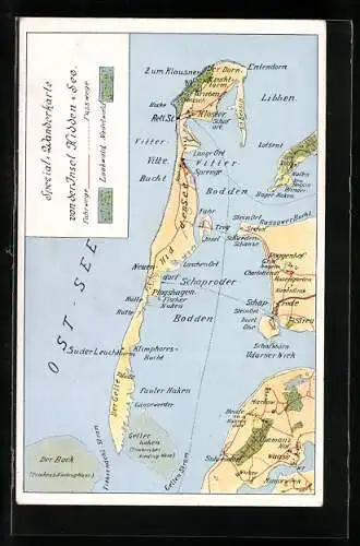 Künstler-AK Hiddensee, Spezial-Wanderkarte mit Heiderose, Poggenhof und Libben