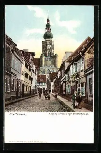 AK Greifswald, Hunnen-Strasse mit Nicolaikirche