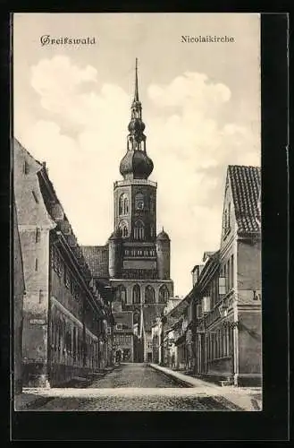 AK Greifswald, Hunnenstrasse und Nicolaikirche